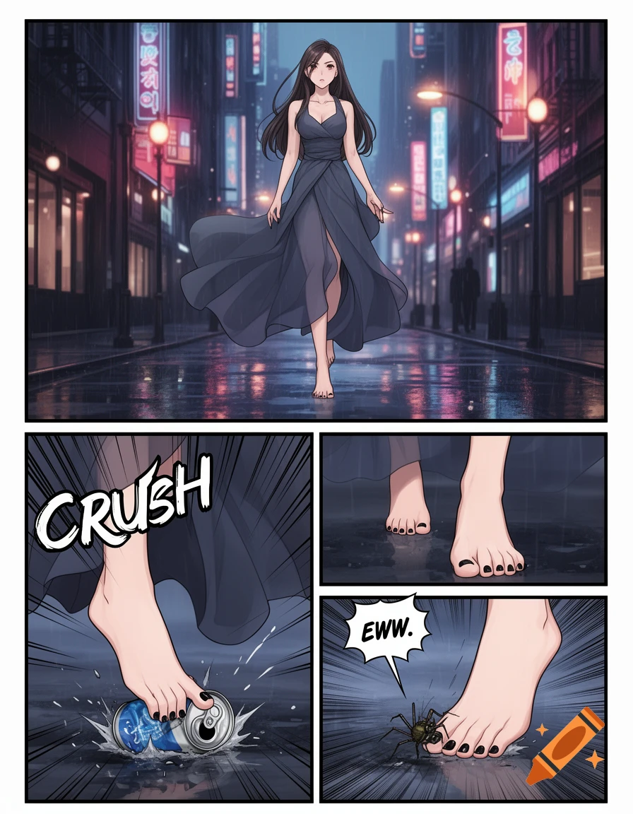 An anime comic panel sequence shows a woman walking barefoot on a rainy city street at night, then crushing a soda can and a spider with her feet.