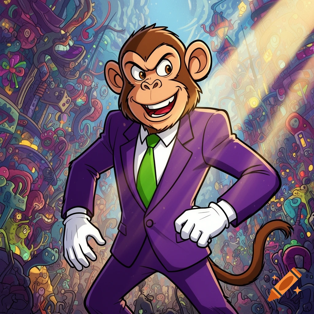 A confident cartoon monkey in a purple suit, green tie, and white gloves stands against a chaotic, colorful, psychedelic background.