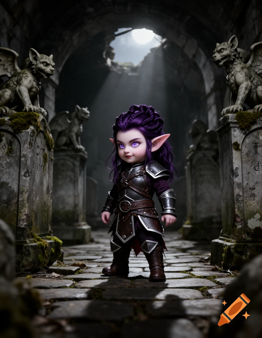 A small fantasy girl with dark purple hair and glowing purple eyes, wearing ornate armor, stands in a dark gothic crypt with gargoyle statues.