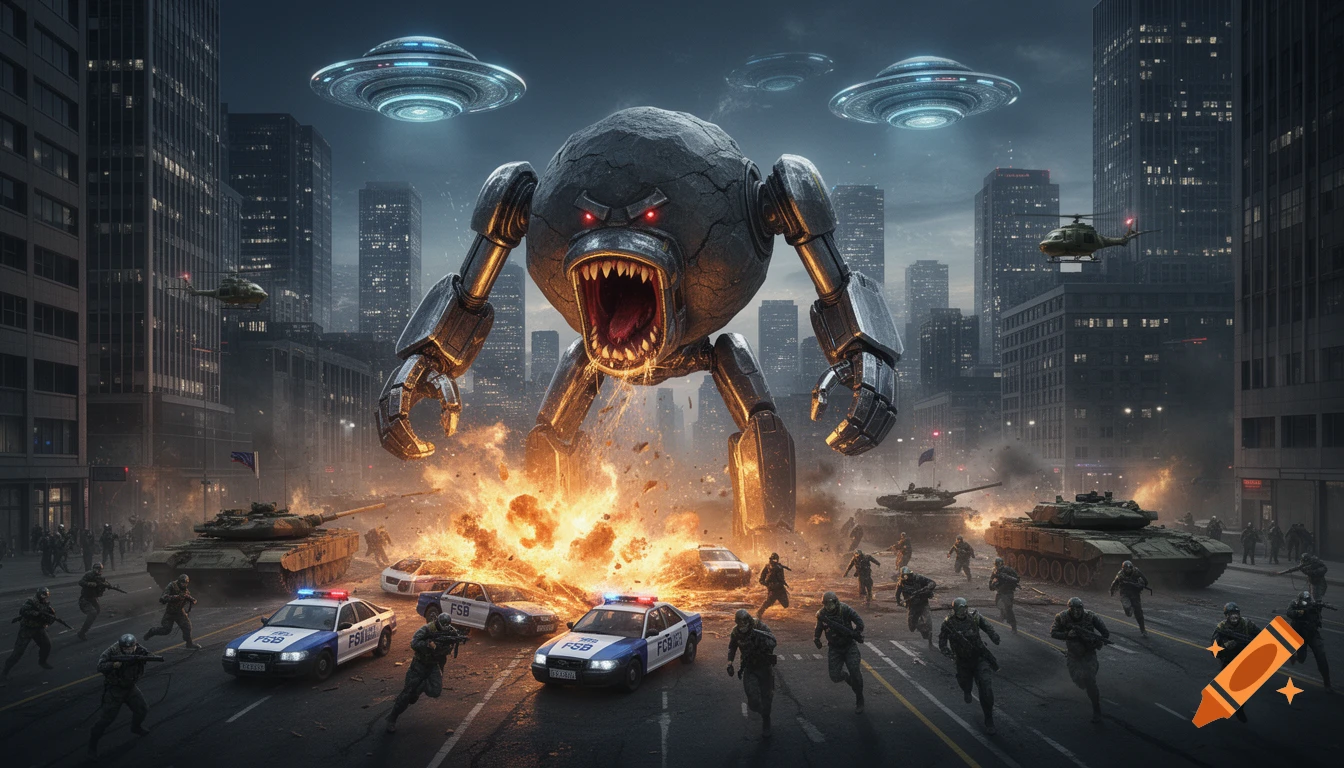A giant rock monster with robotic limbs battles police, military, and tanks in a city. UFOs hover above, and explosions erupt on the street, with armed soldiers running toward the monster.