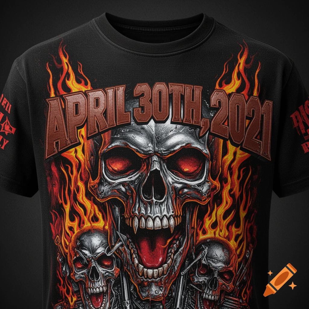 Black t-shirt featuring an edgy biker gang style design with a silver skull, red eyes, and orange flames. The date 'APRIL 30TH, 2021' is prominent above the skull.