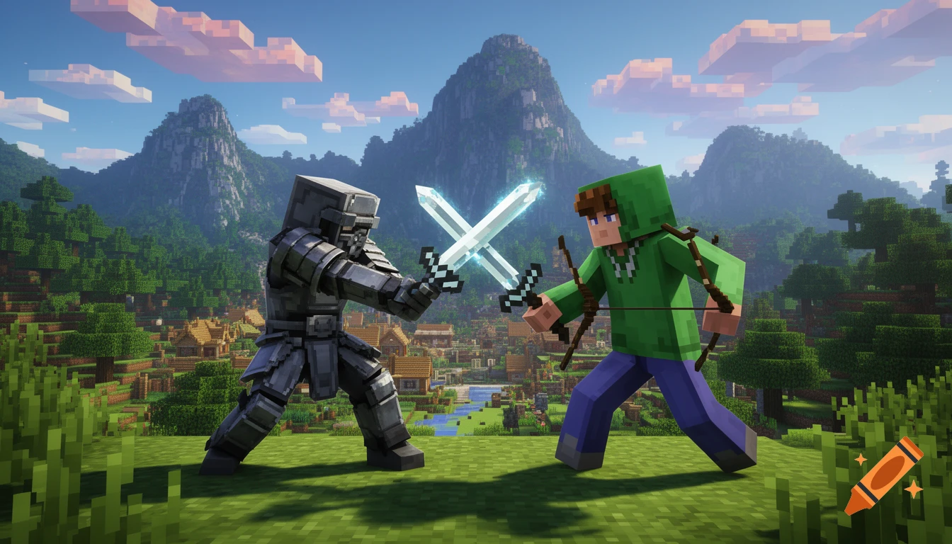 Two blocky characters, one in dark armor with glowing swords and one in a green hoodie with a bow, confront each other in a vibrant Minecraft-style landscape with mountains and a village.