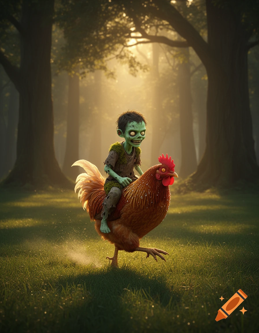 A green-skinned cartoon zombie child with glowing eyes rides a large brown rooster through a sunlit, misty forest clearing.