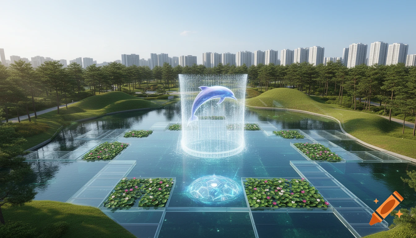 Photorealistic modern park with a lake featuring a holographic dolphin fountain, glass walkways, water lilies, and skyscrapers.