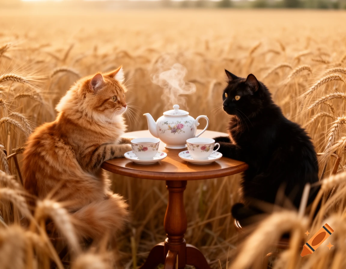 Two fluffy cats, one orange and one black, sit at a small table having tea in a sunlit golden wheat field, photorealistic.