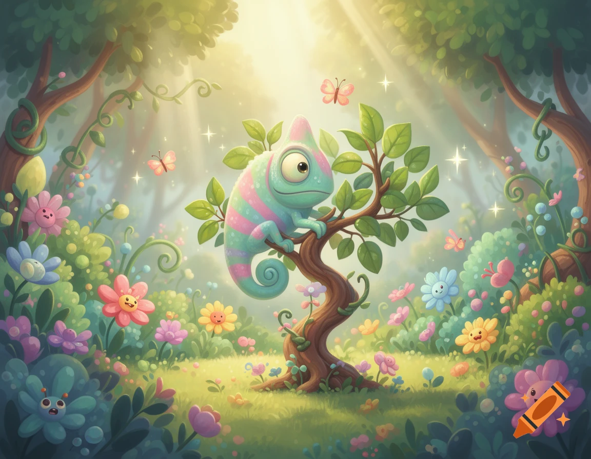 A cute, pastel-striped chameleon on a tree in a whimsical, sunlit forest with colorful smiling flowers and butterflies, cartoon illustration.