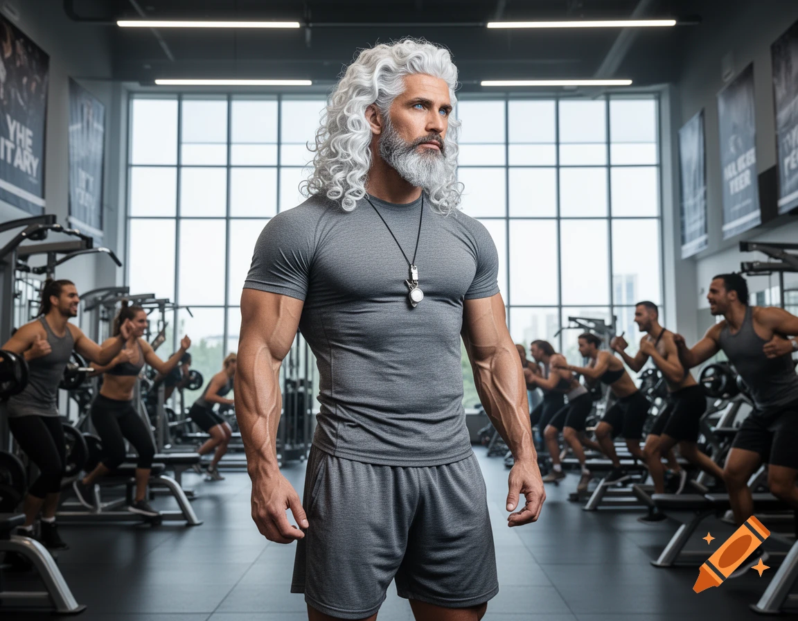 A muscular man with long white curly hair and a beard stands in a modern gym, looking to the side. Other people exercise in the background.