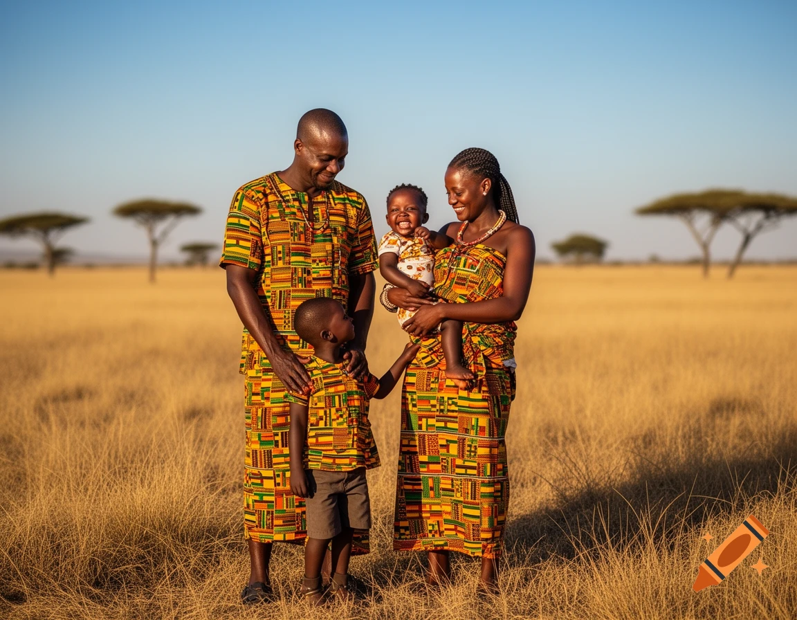 A smiling African family of four, dressed in vibrant kente cloth, stands in a golden field under a clear sky.