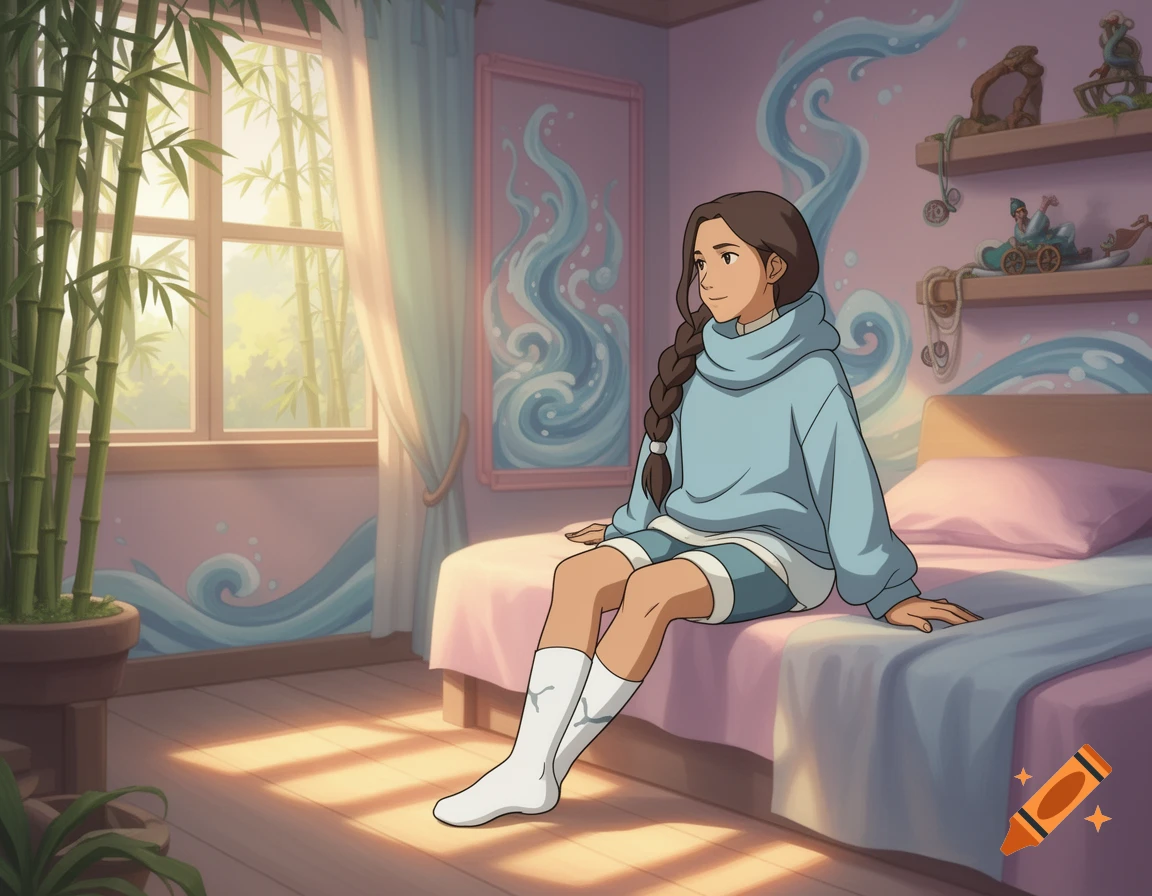 Anime girl with a braid sitting on a bed in a sunny bedroom with bamboo and wave patterns.