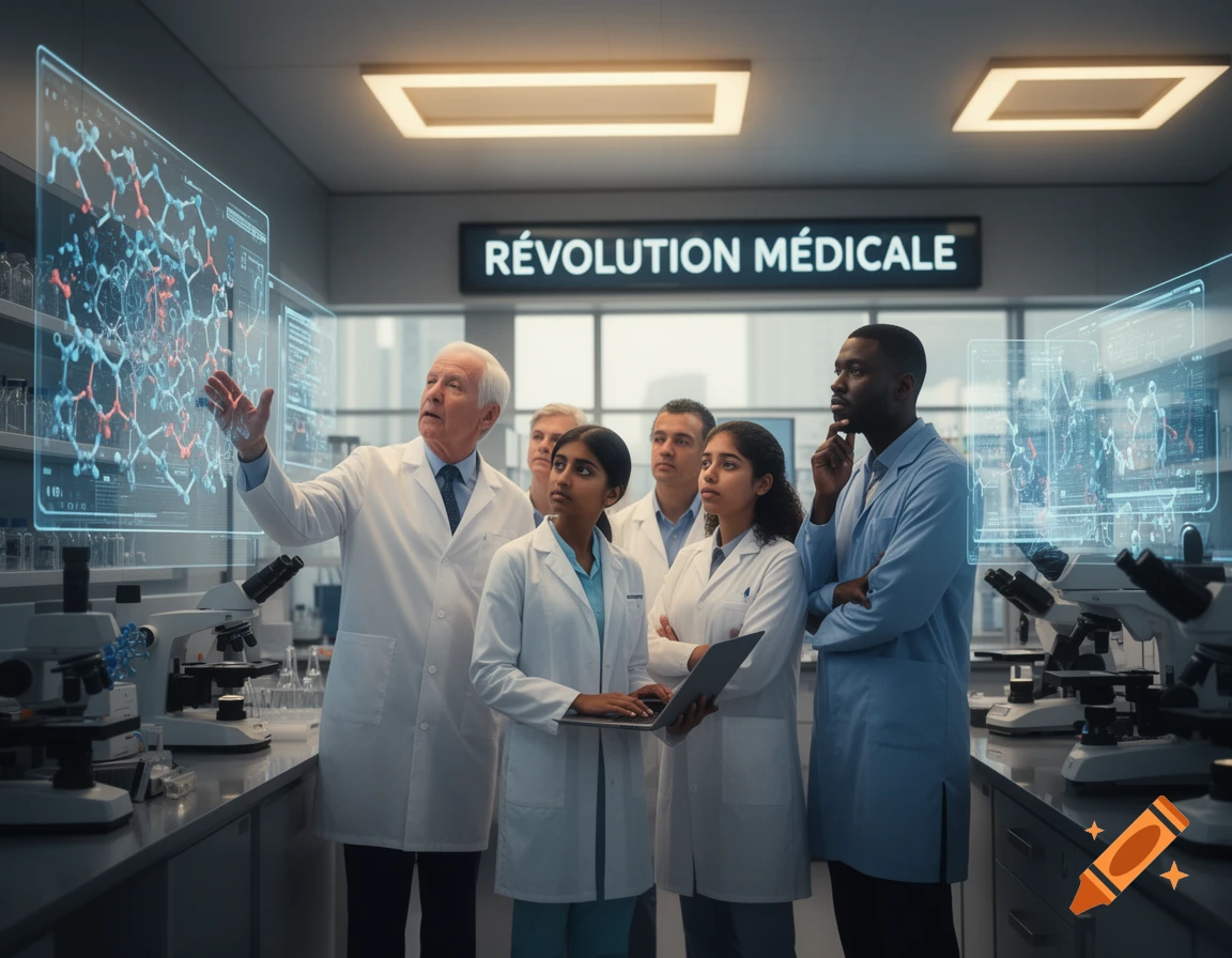 A group of diverse scientists in lab coats examine a holographic display of a molecular structure in a modern laboratory.