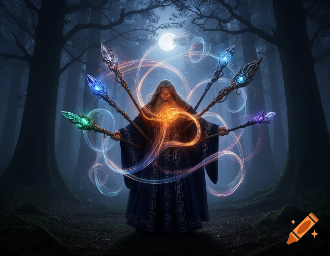 A bearded wizard in a dark robe casts a spell, holding multiple glowing staffs in a moonlit forest, surrounded by swirling magical energy.