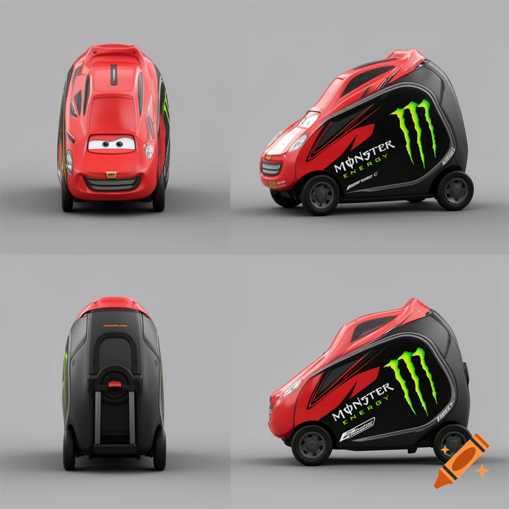 Four views of two car-shaped trolleys: one red resembling Lightning McQueen, and another black and red with a prominent Monster Energy logo. The trolleys have wheels and a retractable handle.