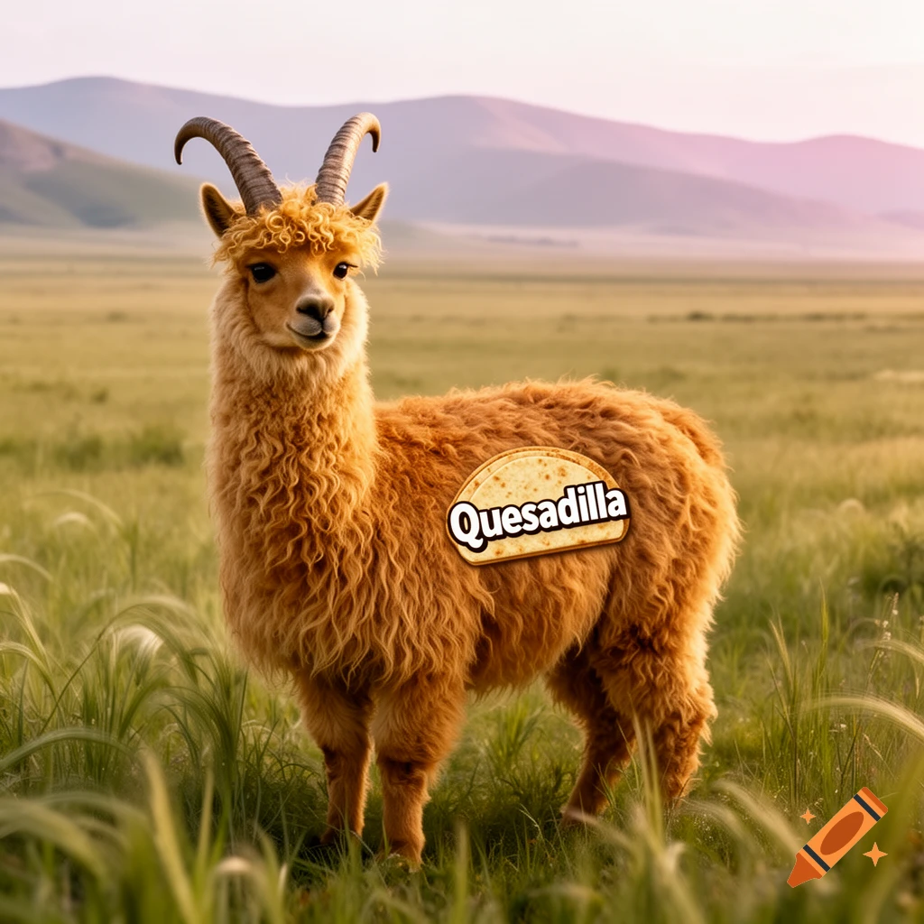 A furry, horned llama-like animal with "Quesadilla" on its side stands in a grassy field with mountains.