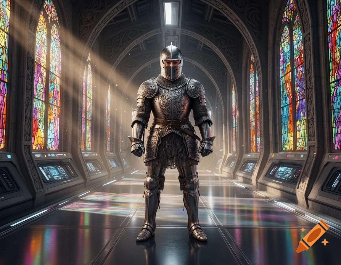 A knight in full armor stands in a grand sci-fi corridor with intricate stained glass windows and light rays.