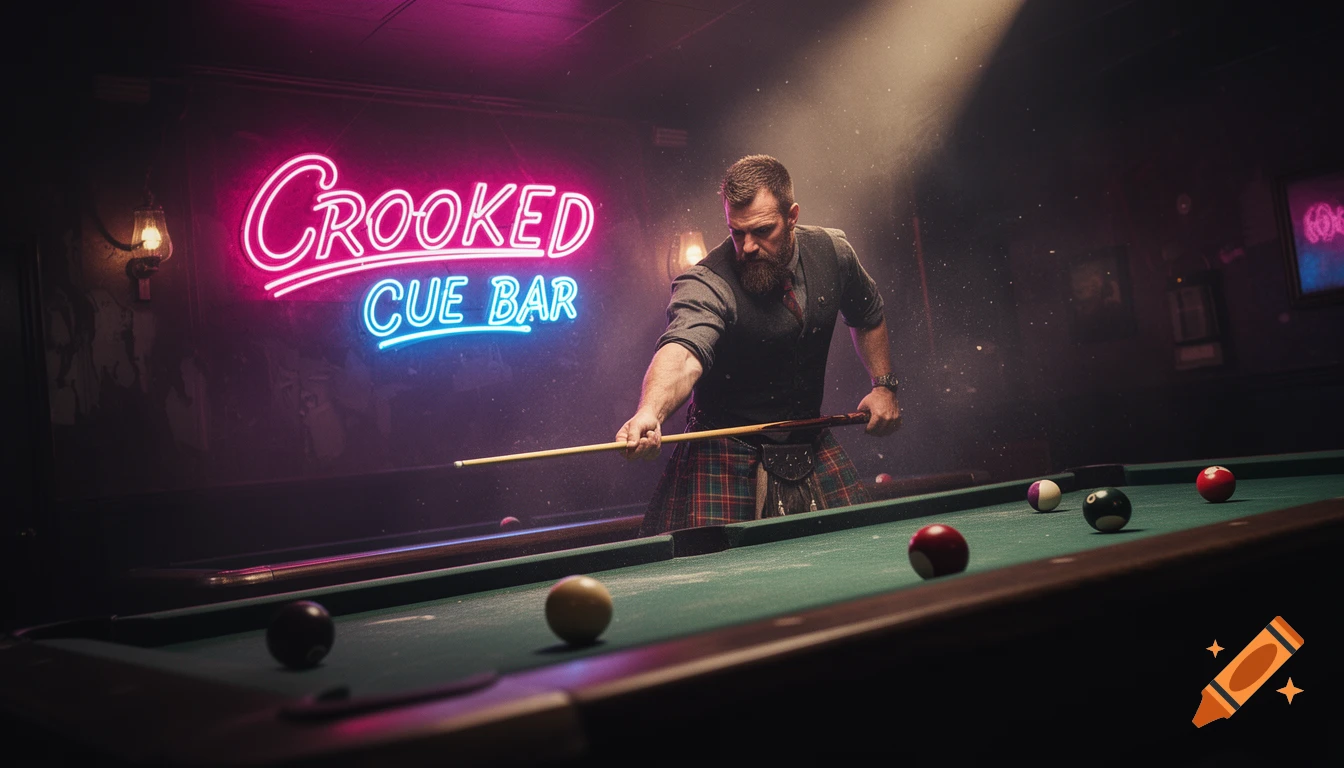 A bearded man in a kilt plays billiards in a dimly lit bar, with a neon "Crooked CUE BAR" sign glowing behind him.