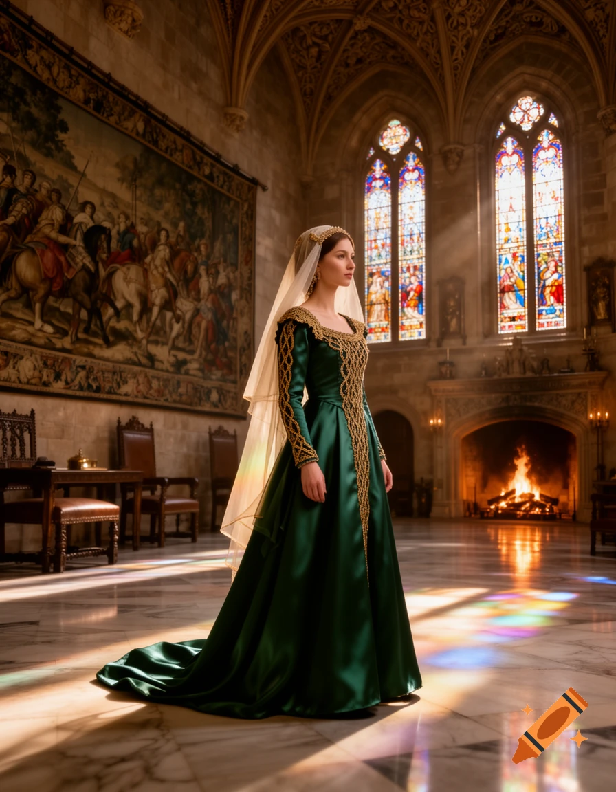 A noblewoman in a green medieval gown and veil stands in a grand hall with stained glass windows and a fireplace.