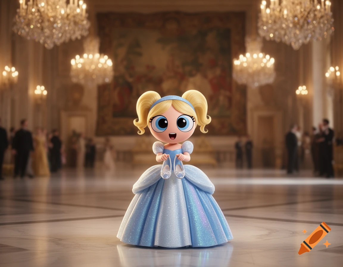 Bubbles as Cinderella in a shimmering blue gown, holding glass slippers in a grand ballroom.