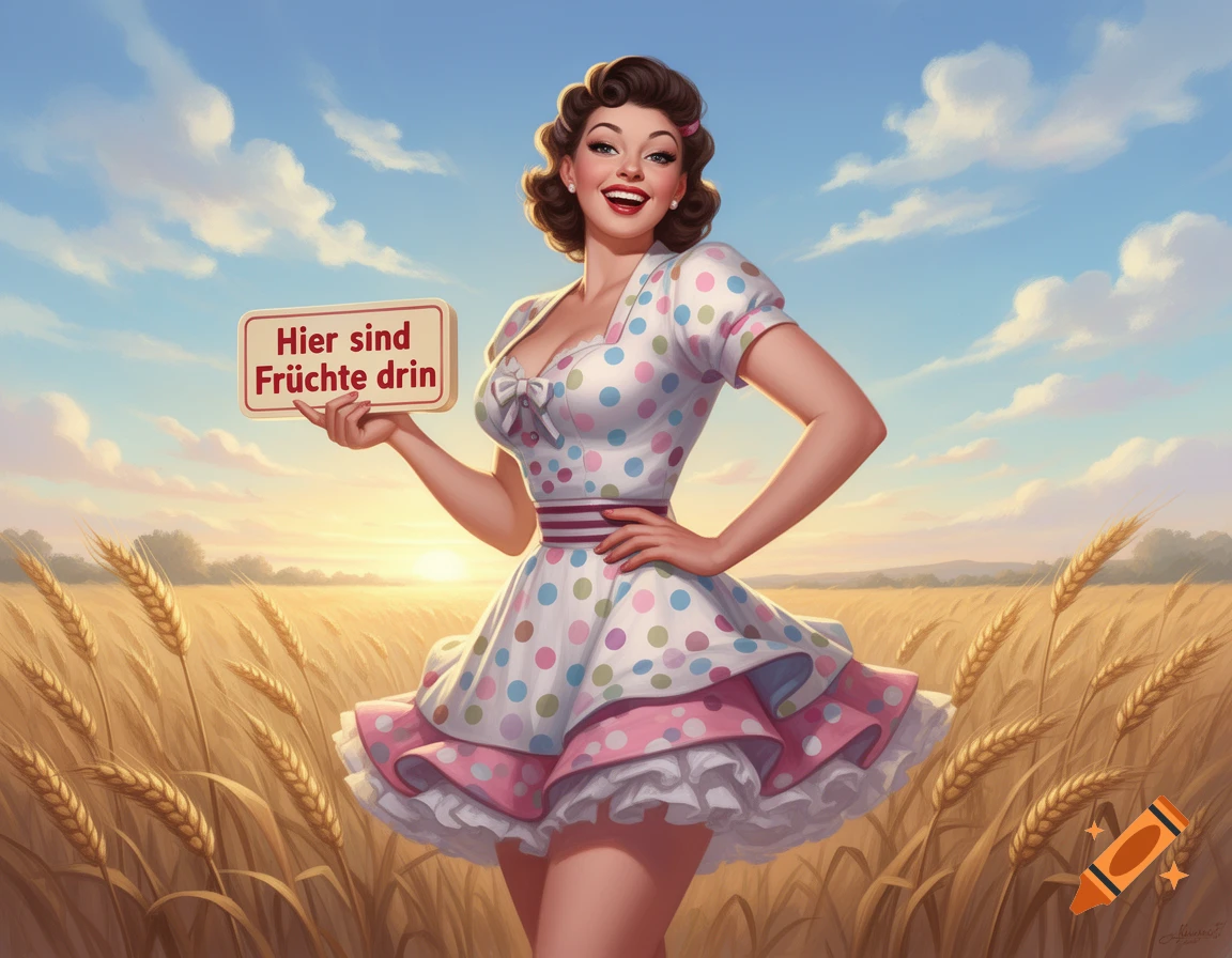 A 1950s pin-up woman in a polka-dot dress smiles while holding a sign in a sunny wheat field.