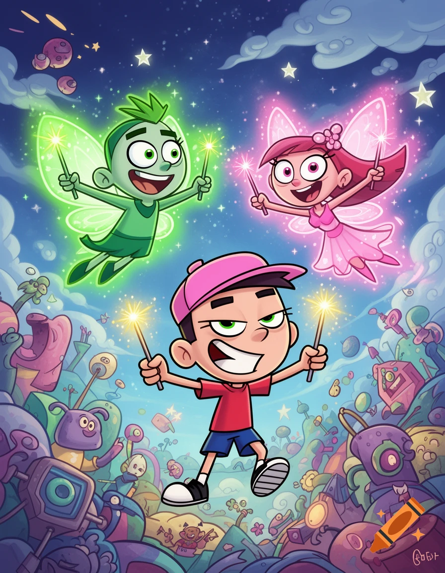 Timmy Turner with a pink hat holding sparklers, while a green-winged boy and a pink-winged girl fairy fly above him in a star-filled sky over a whimsical alien landscape.