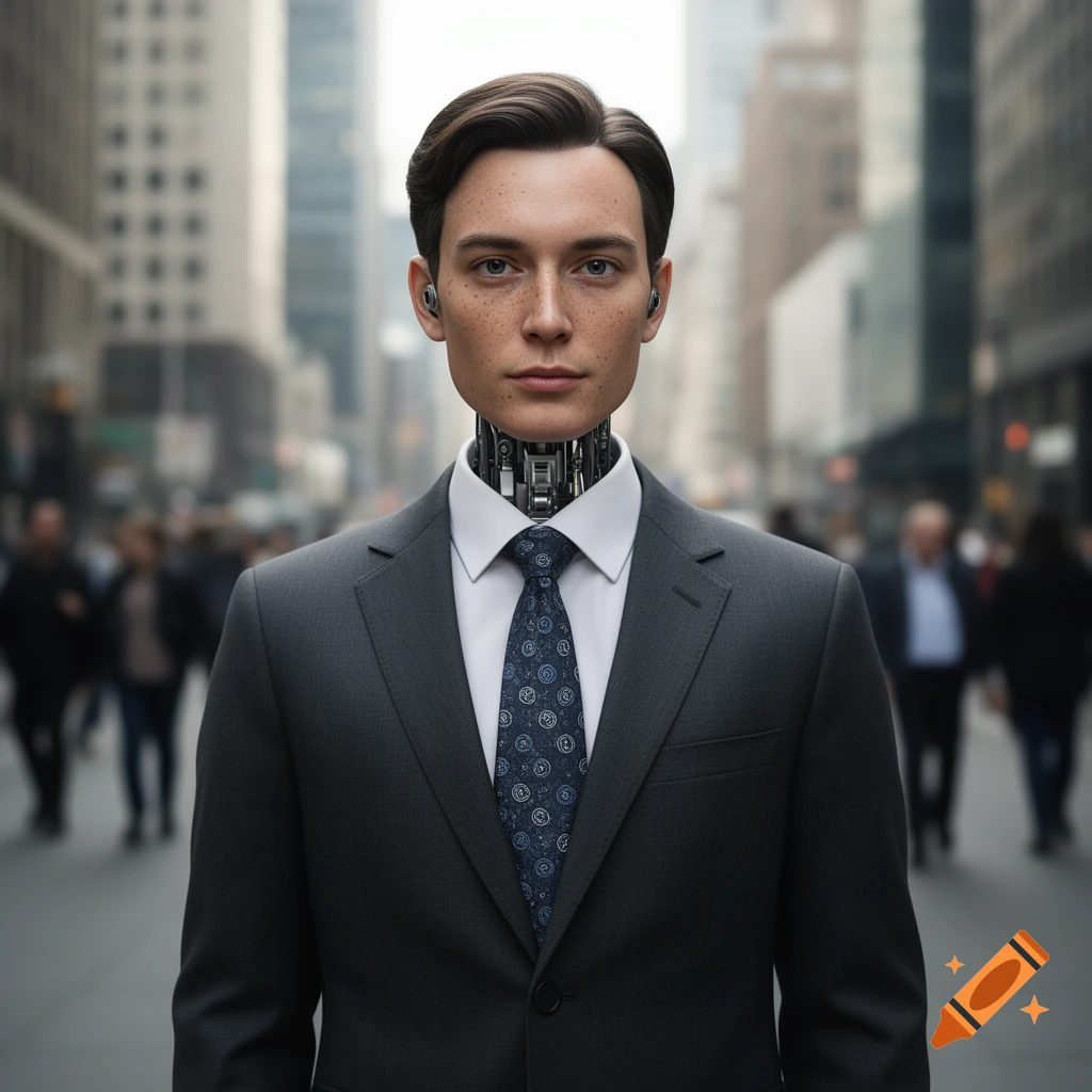 Photorealistic image of a man with a robotic neck and visible mechanisms, wearing a suit, standing in a blurred city street.