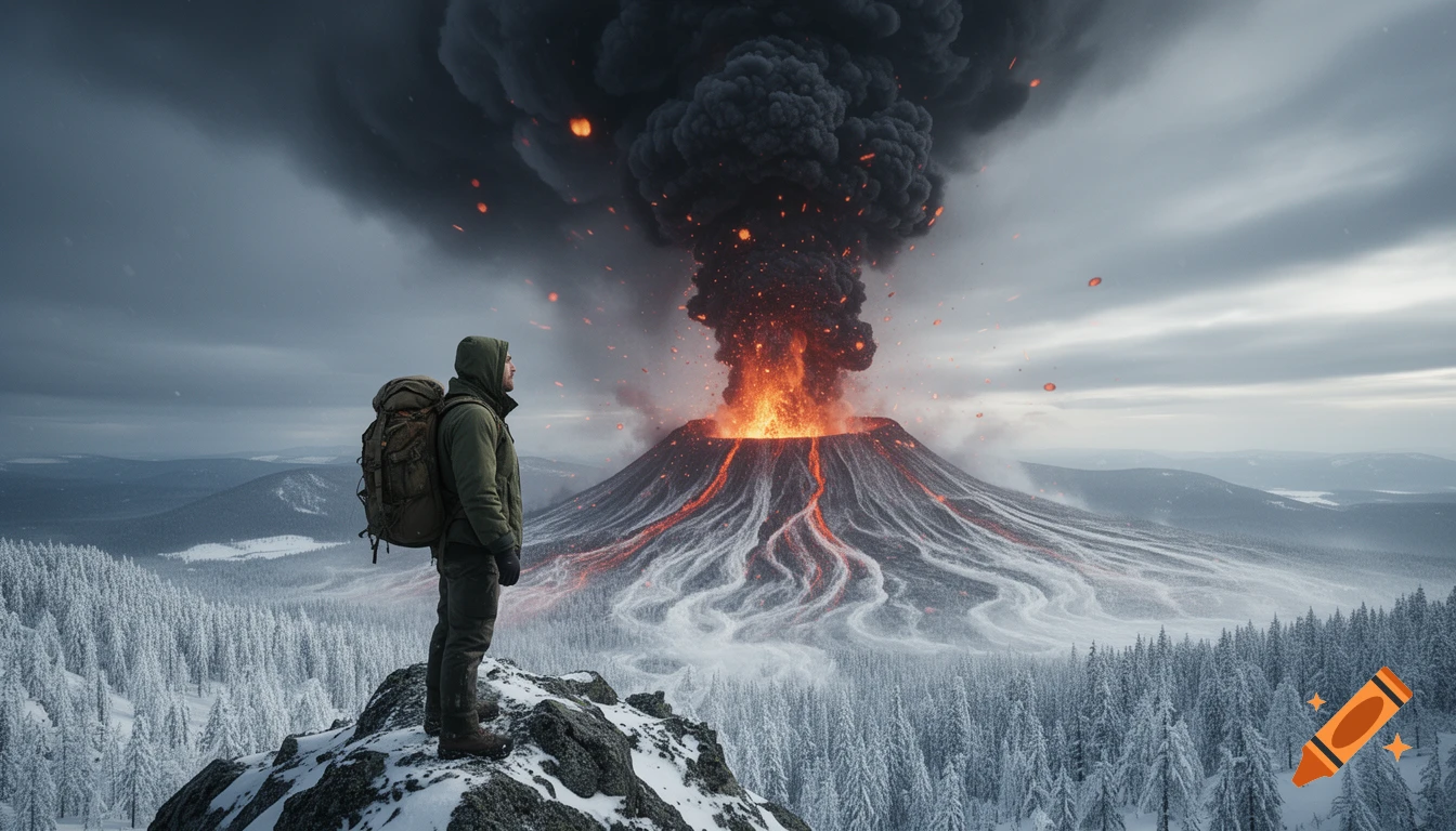 A man on a snowy mountain peak watches a massive, erupting volcano spewing black smoke, lava, and fireballs over a white forest. Photorealistic.