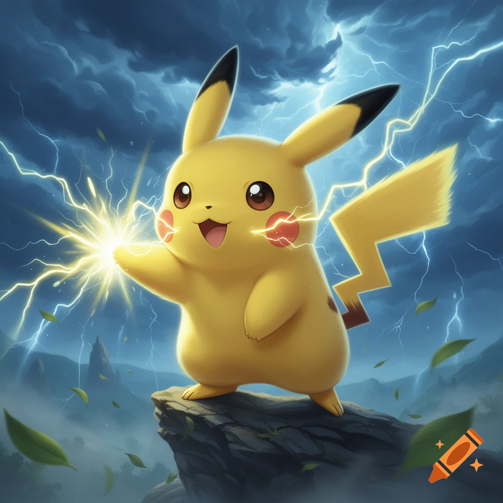 Pikachu stands on a rocky cliff, casting bright yellow lightning bolts from its hand under a dark, stormy sky with mountains.