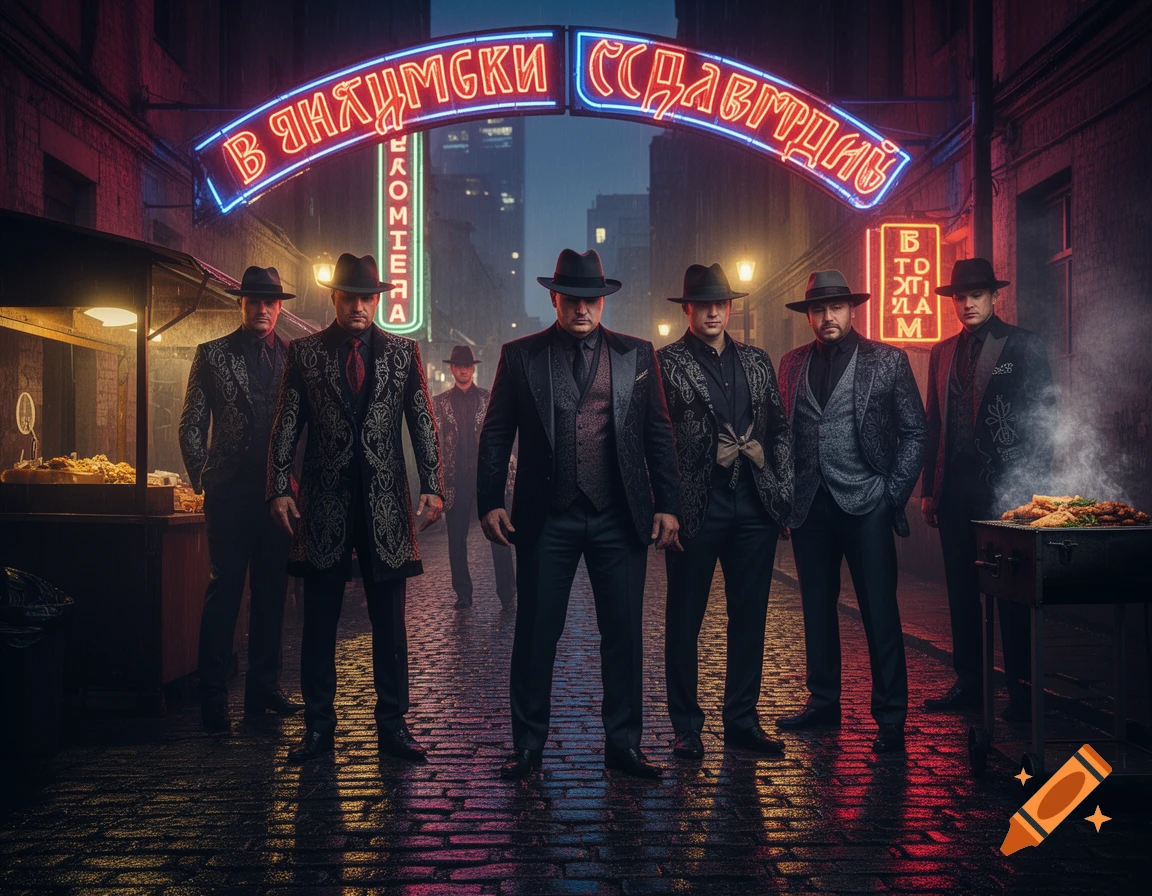 Seven men in dark suits and fedoras stand on a wet, cobblestone street at night, illuminated by red and blue neon signs with illegible Cyrillic text, appearing like urban gangsters.