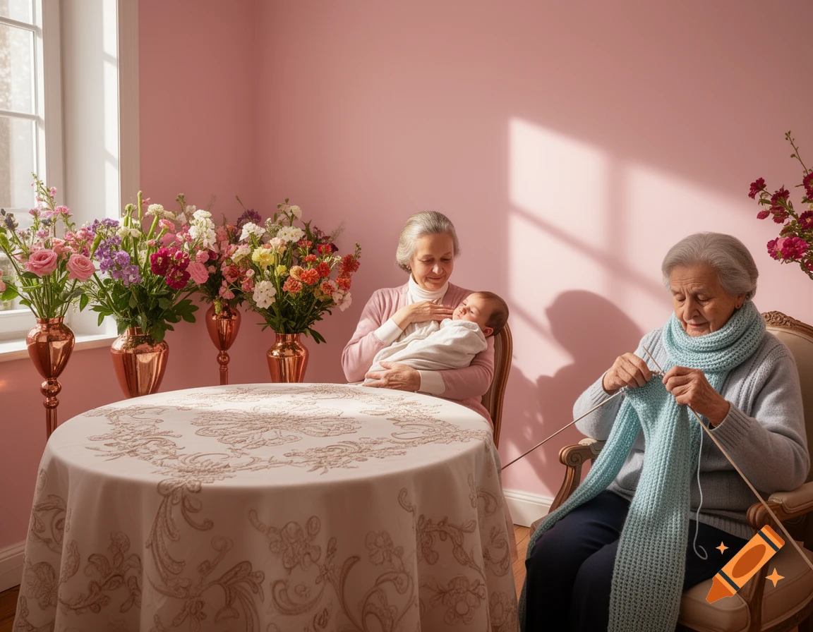 Two elderly women in a pink room; one holds a baby, the other knits a blue scarf. Bouquets of flowers are on a round table. Photorealistic.
