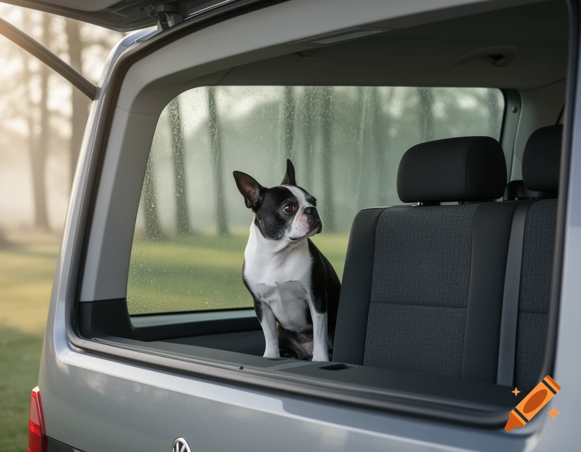 A Boston Terrier looks out the back window of a gray van, with trees and a field in the background.