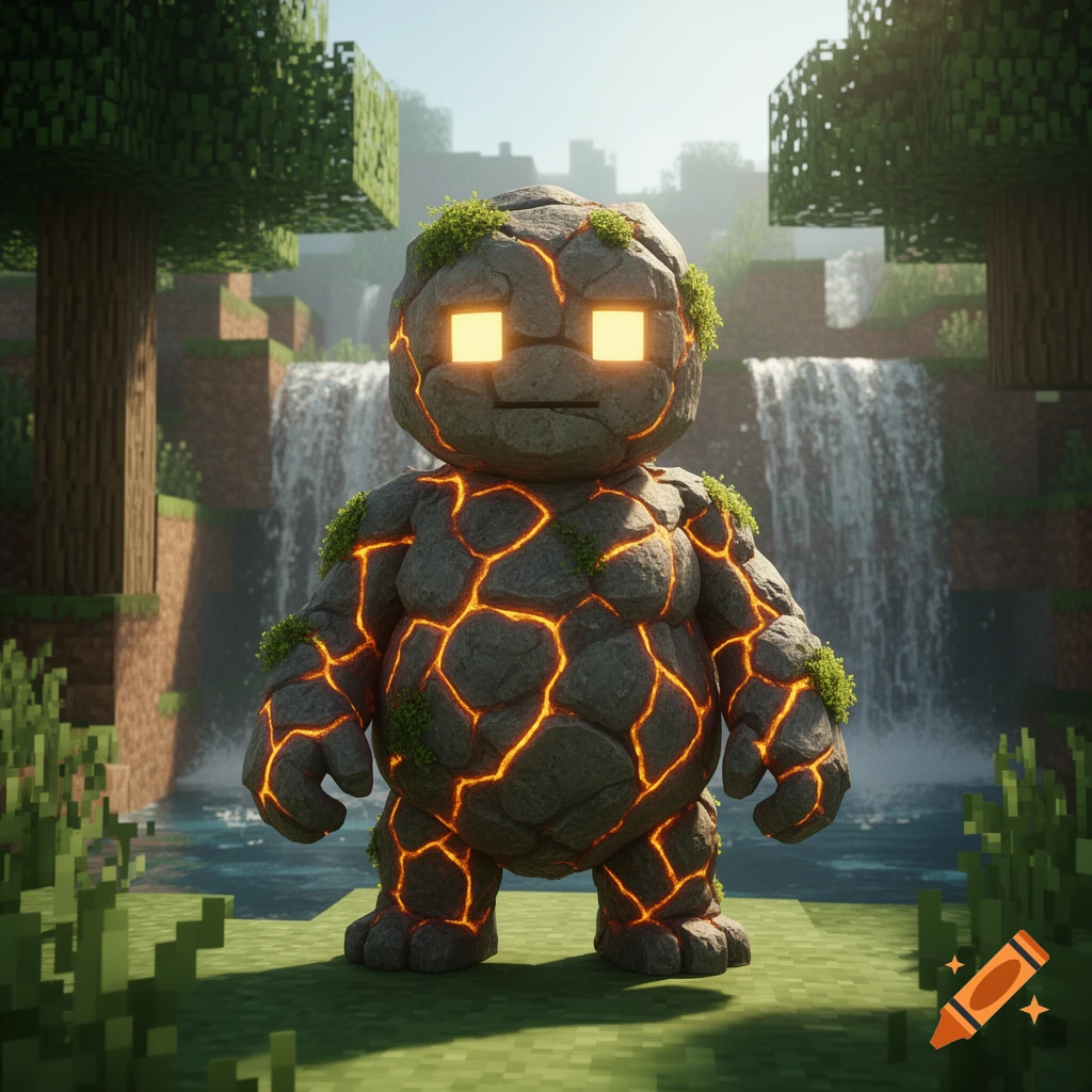 A blocky, stout rock creature with glowing orange eyes and cracks filled with lava stands in a Minecraft-style landscape with trees and a waterfall.