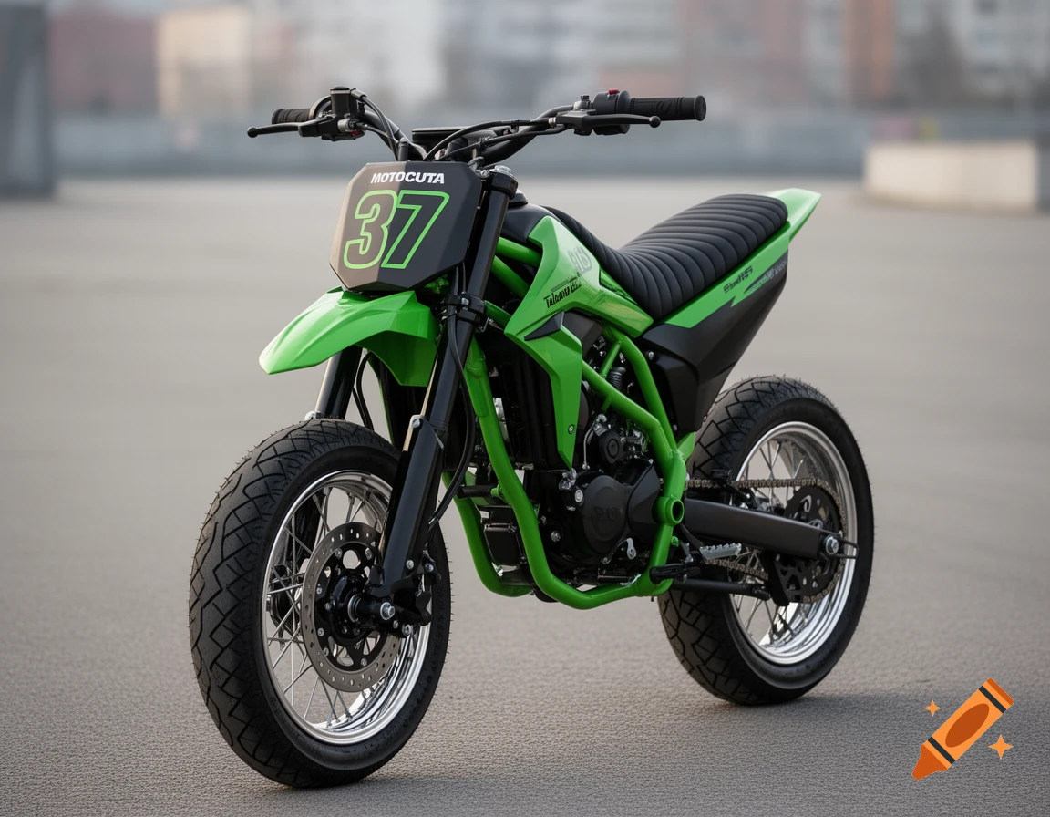 A vibrant green and black supermoto motorcycle with the number 37 on its front plate, parked on an asphalt surface.