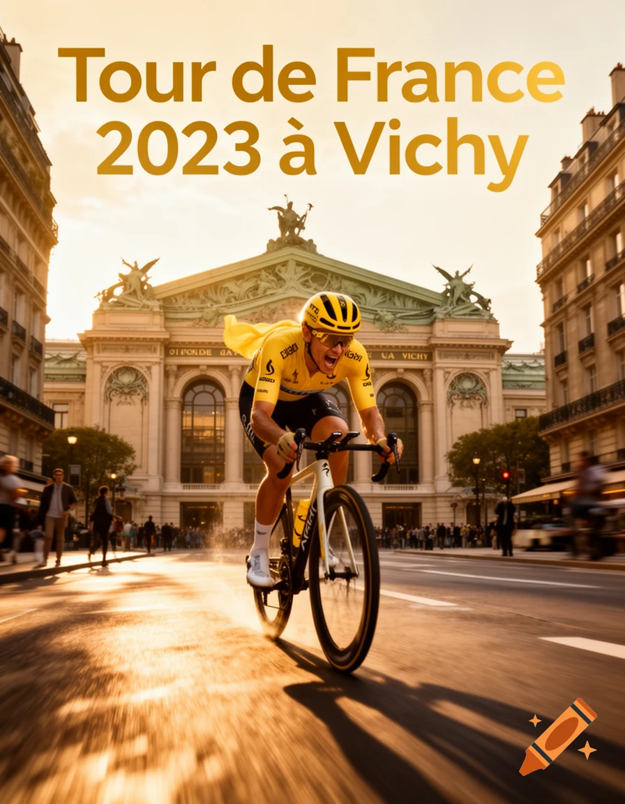 A poster with a cyclist in a yellow jersey racing down a street in front of an ornate building, with "Tour de France 2023 à Vichy" at the top, under a golden sky.