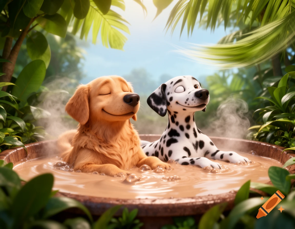 Two animated dogs, a golden retriever and a dalmatian, happily relaxing in a steaming mud hot tub surrounded by lush jungle foliage.