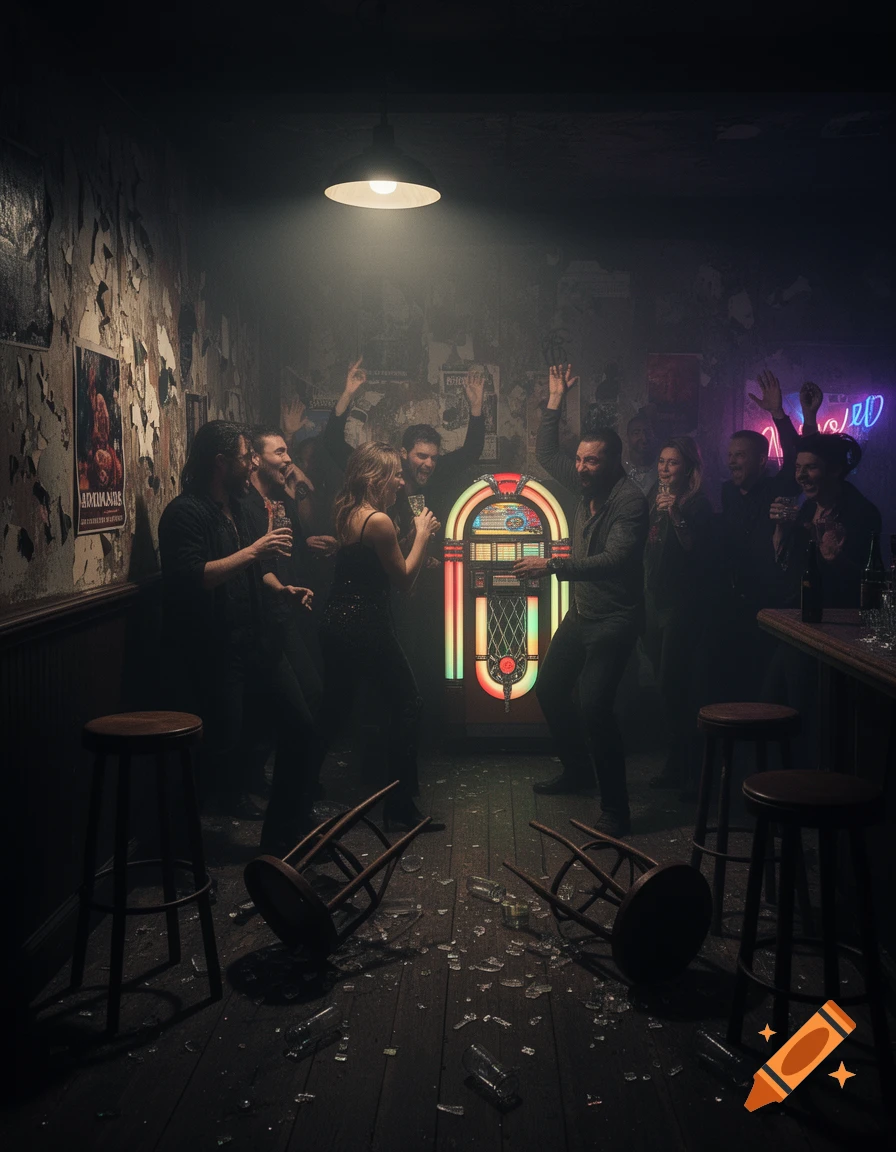 A dark, atmospheric image of people partying and dancing around a vintage jukebox in a gritty, dilapidated bar with broken glass and overturned stools on the floor.