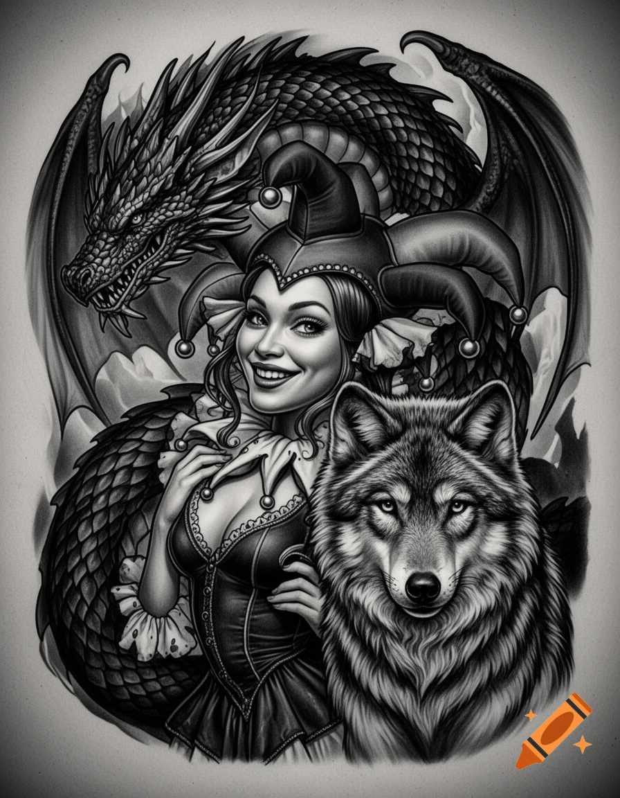 Black and white tattoo style drawing of a smiling female jester with a dragon behind her and a wolf beside her.