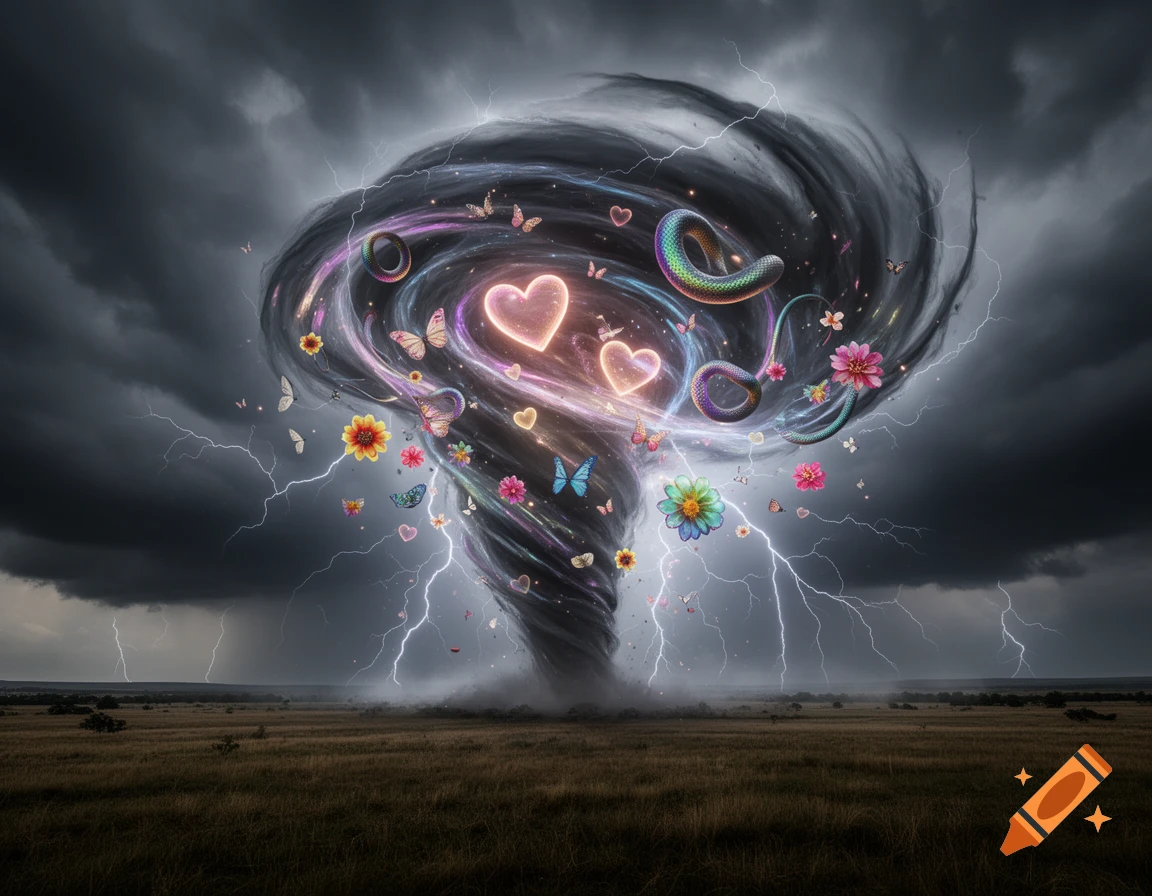 A dark, powerful tornado filled with glowing hearts, colorful snakes, butterflies, and flowers, rages over a field under a stormy, lightning sky.