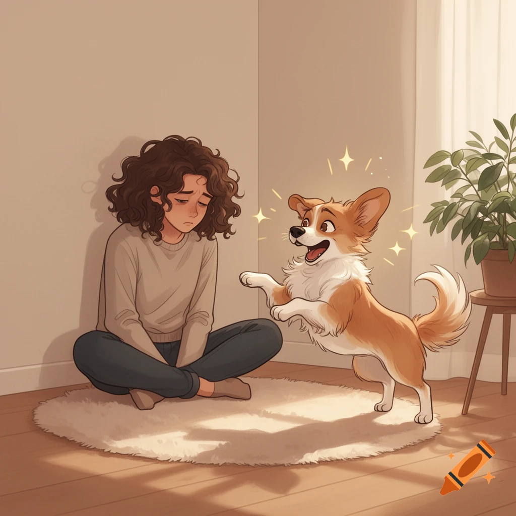 A sad person with curly hair sits on a rug. An excited corgi dog with sparkling aura jumps playfully next to them in a cartoon style.