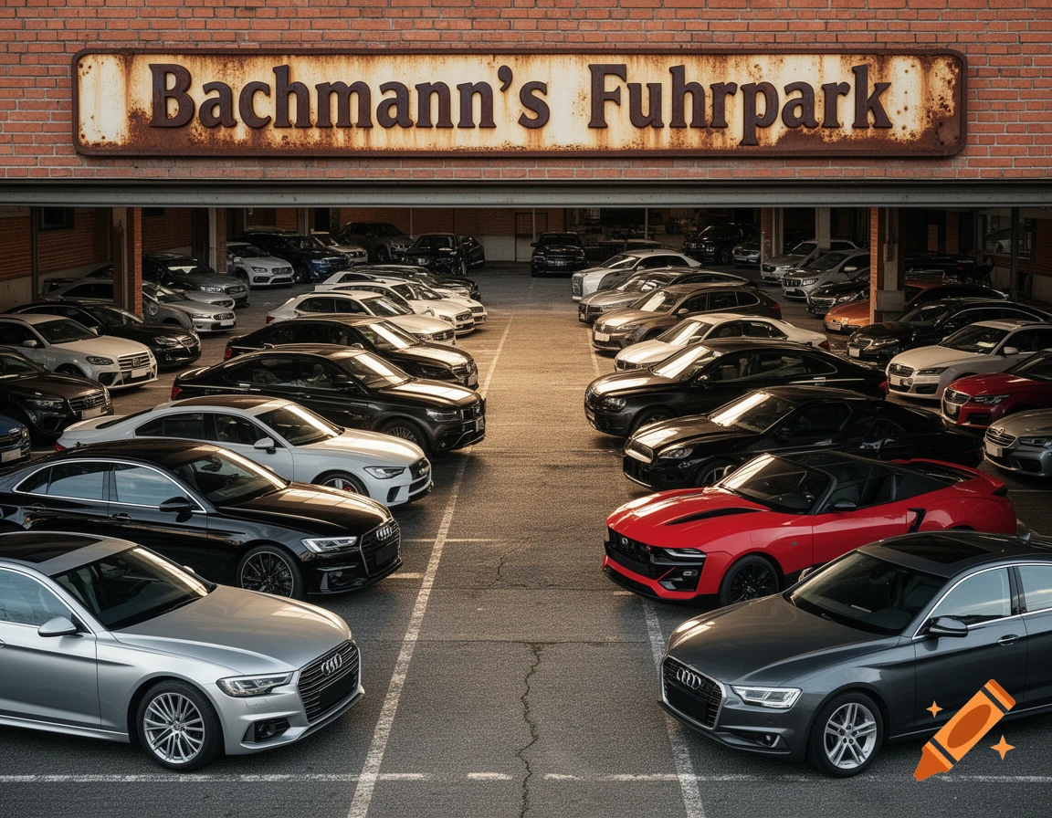 A photorealistic image shows a parking lot filled with many cars of various brands, under a large sign that reads 'Bachmann's Fuhrpark'.