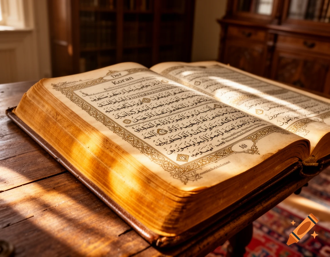 Warm-toned, photorealistic close-up of an open Quran on a wooden table, with sunlight casting shadows.