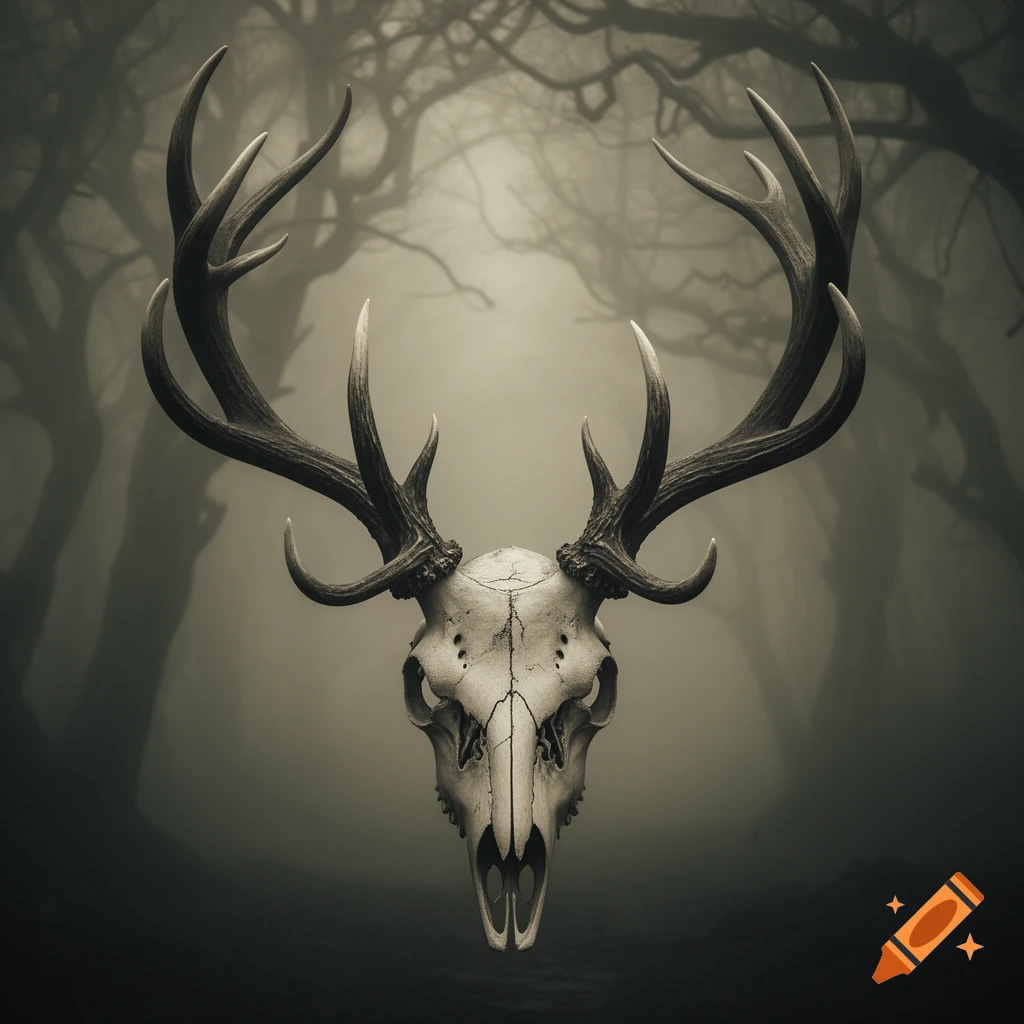 A gothic deer skull with large antlers against a dark, foggy forest background with bare trees.