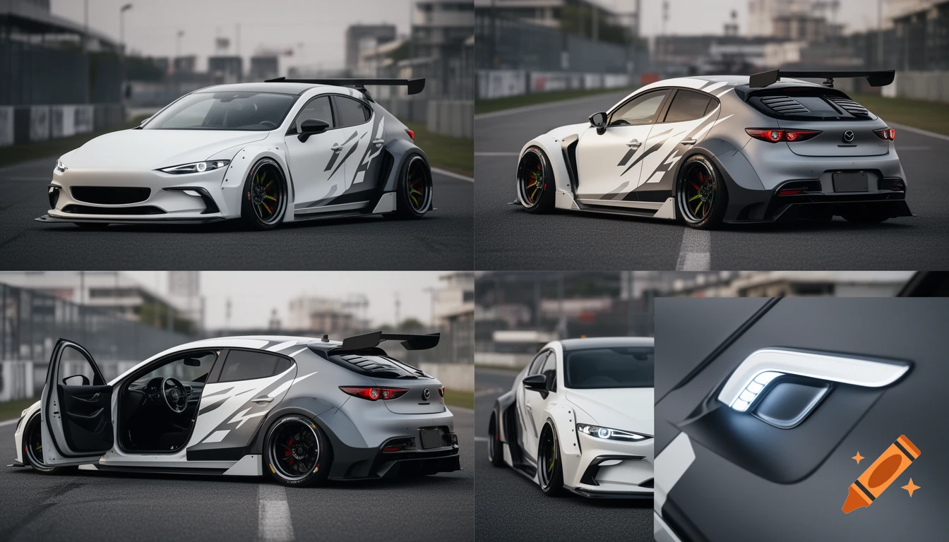 Photorealistic collage of a white and grey custom Mazda 3 Time Attack car with widebody fenders, large spoiler, and deep-dish wheels on a race track.