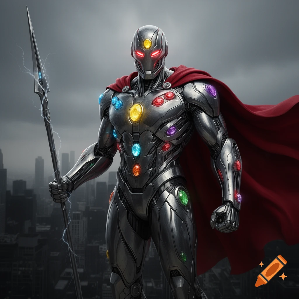 A metallic superhero like Ultron, with a red cape and colorful gems, holding a glowing spear against a dark city.