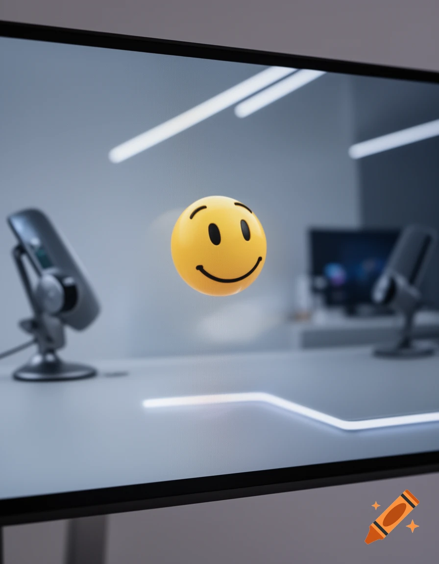 A 3D rendered yellow smiley face floats in a modern office, reflected on a white desk with glowing lines.