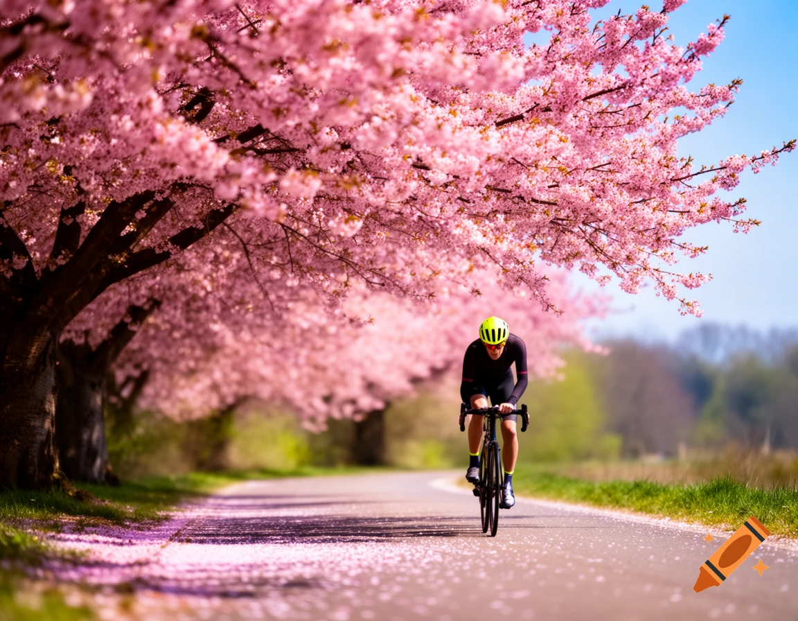 A cyclist rides a road lined with vibrant pink cherry blossom trees, petals scattered on the pavement under a clear sky.