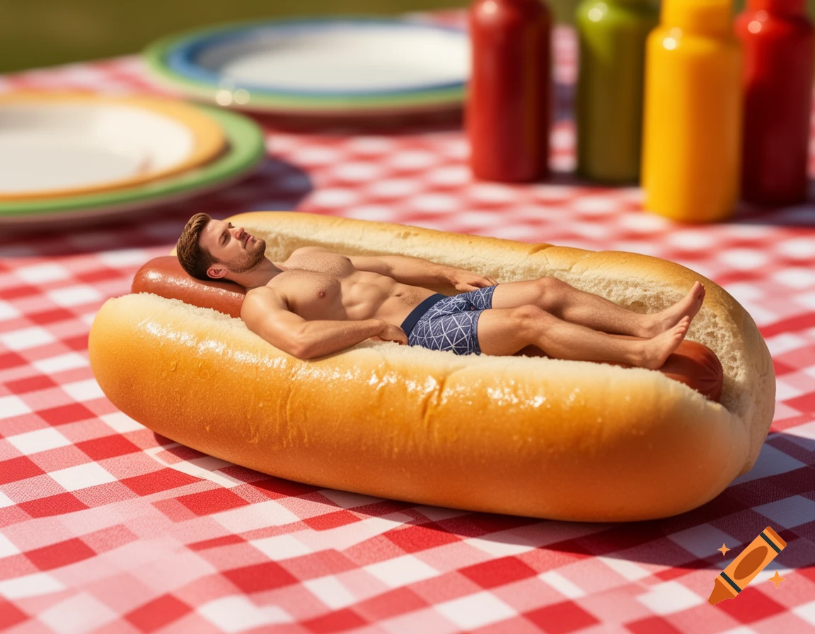 A tiny, athletic man in boxer shorts lies face up on a hot dog in a bun, on a red and white checkered picnic blanket.