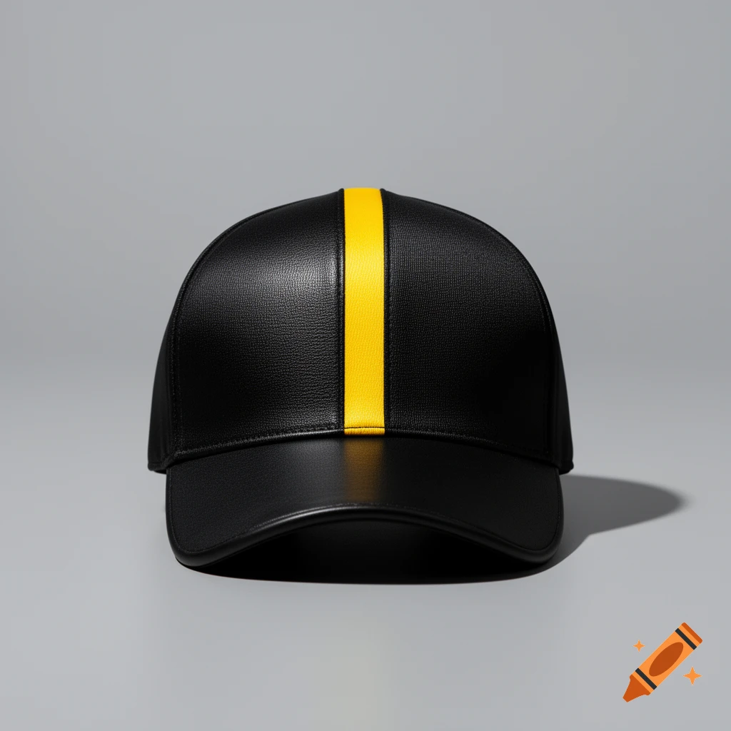 Black baseball cap with a bright yellow vertical stripe down the center, on a grey background.
