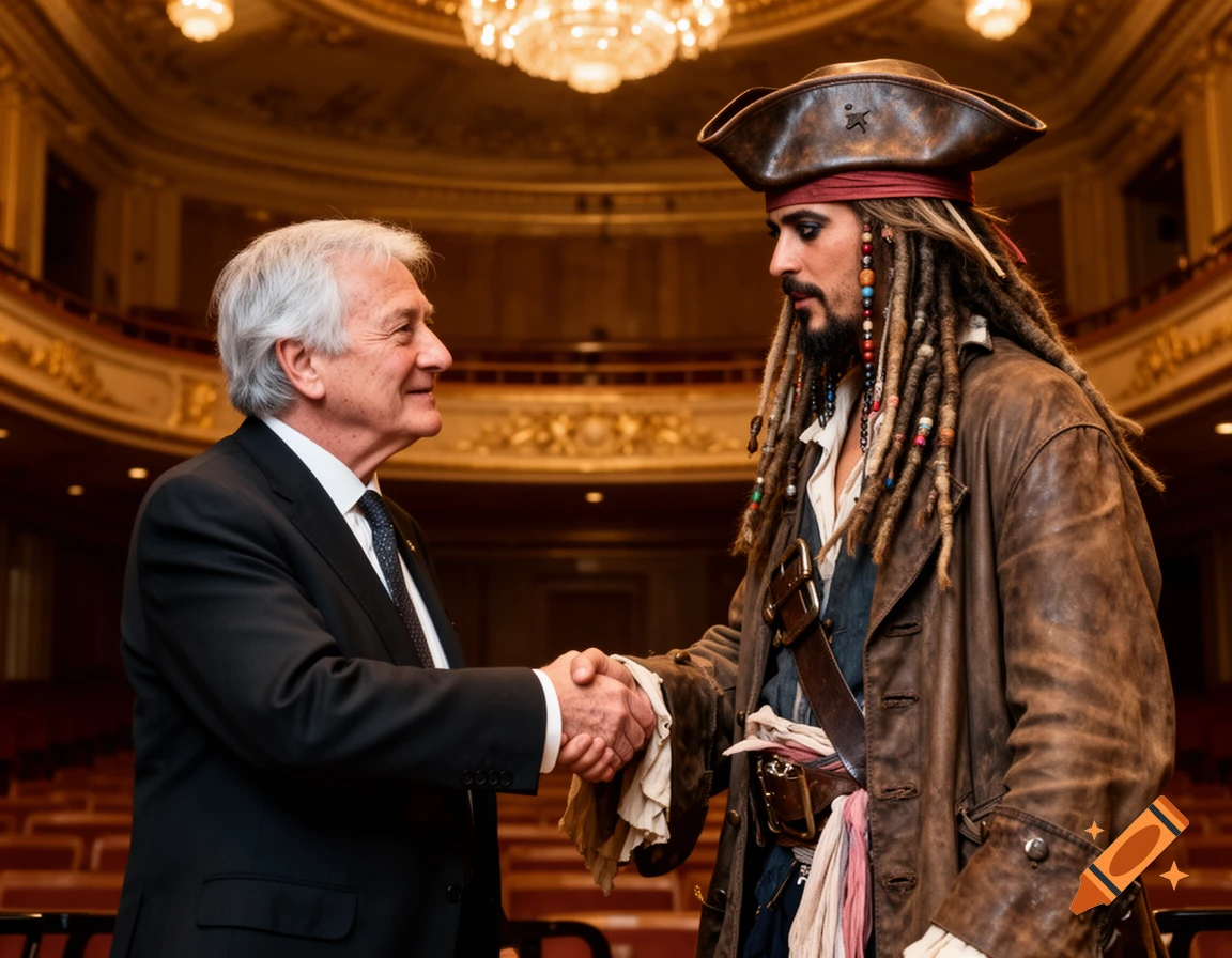A man in a suit shakes hands with another man dressed as Captain Jack Sparrow in a grand theatre, photorealistic.