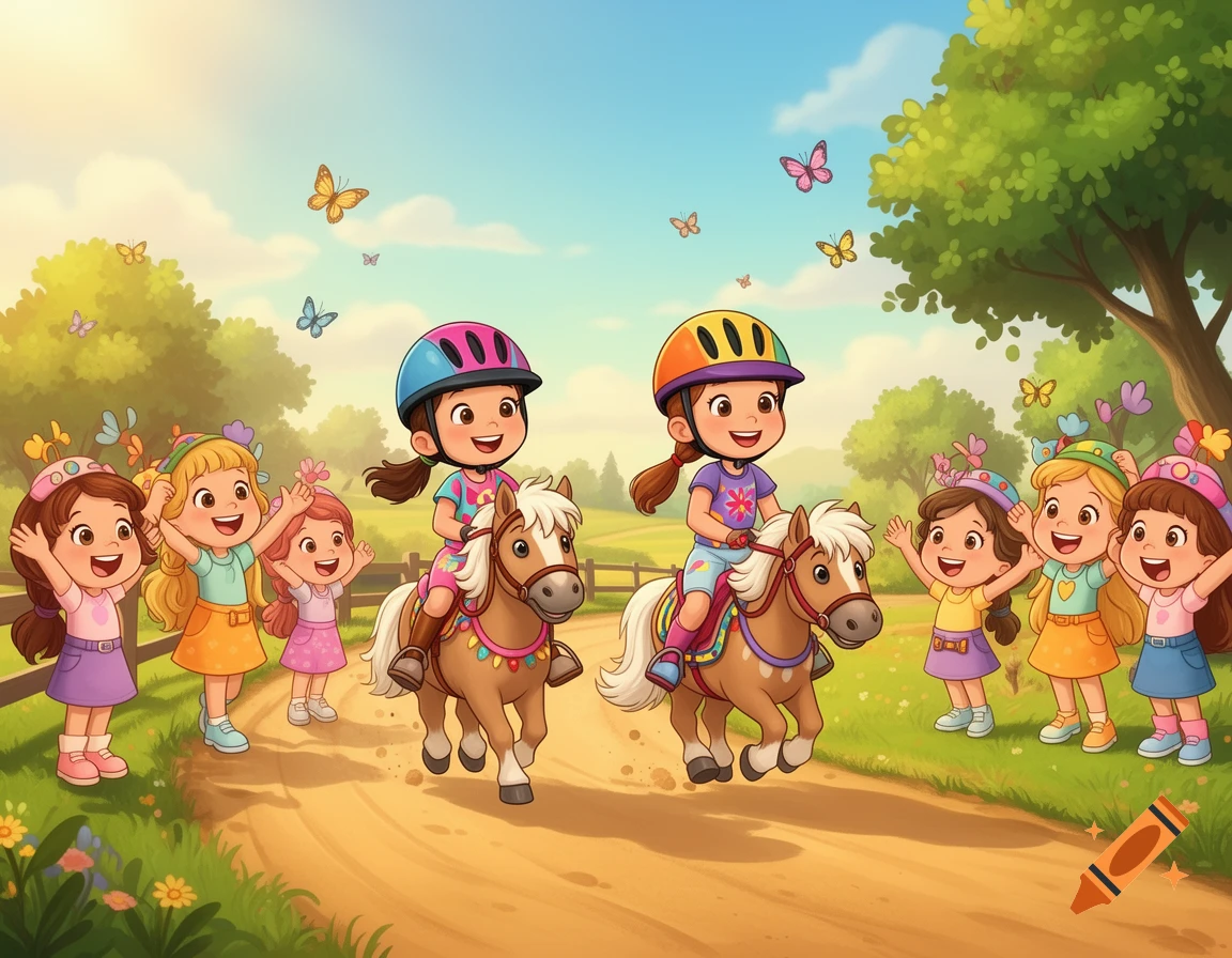 Cartoon of two girls riding ponies with helmets on a sunny path, as four girls cheer, surrounded by trees and butterflies.