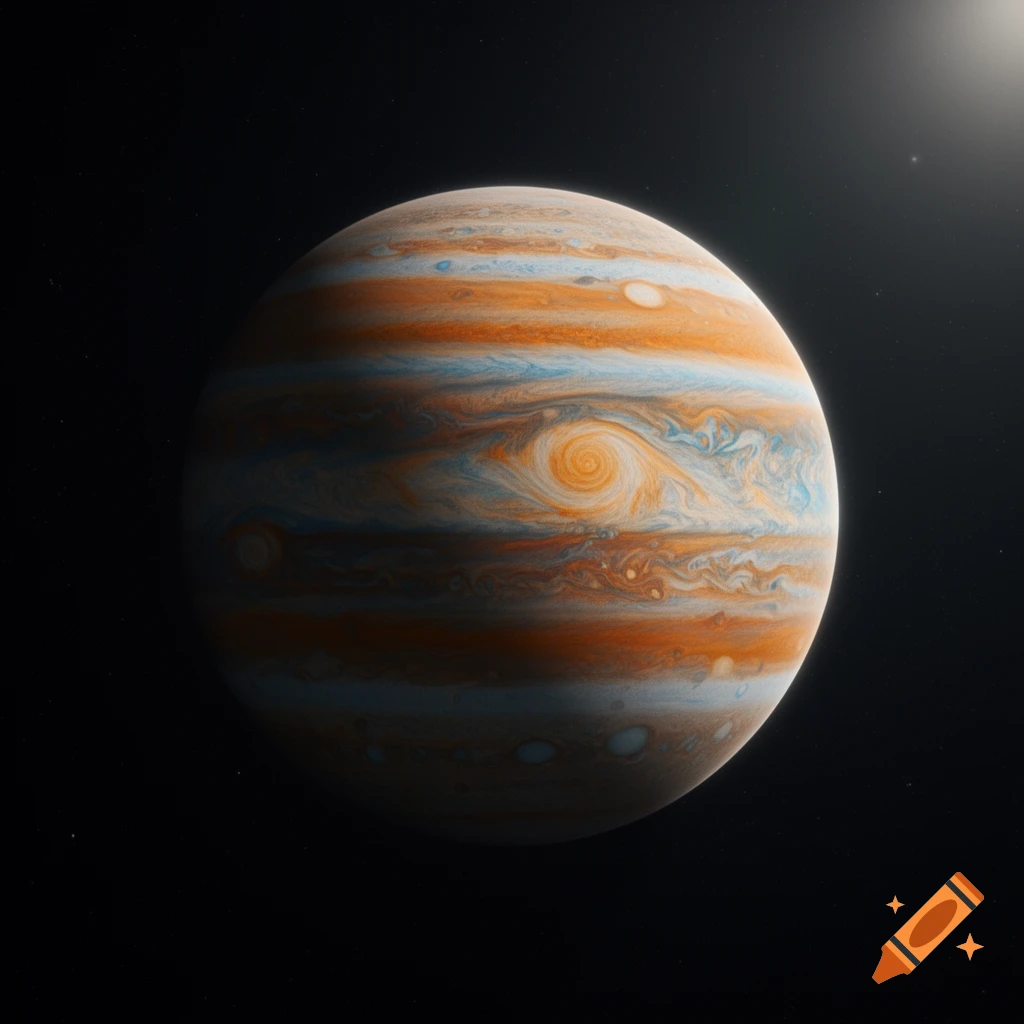 A detailed, colorful image of Jupiter with its distinct orange and white atmospheric bands and the swirling Great Red Spot, set against a dark, starry background.