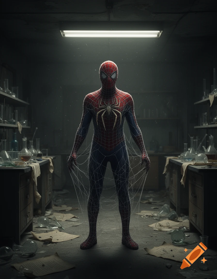 Spider-Man stands in a dark, cluttered, abandoned laboratory, covered in spider webs.